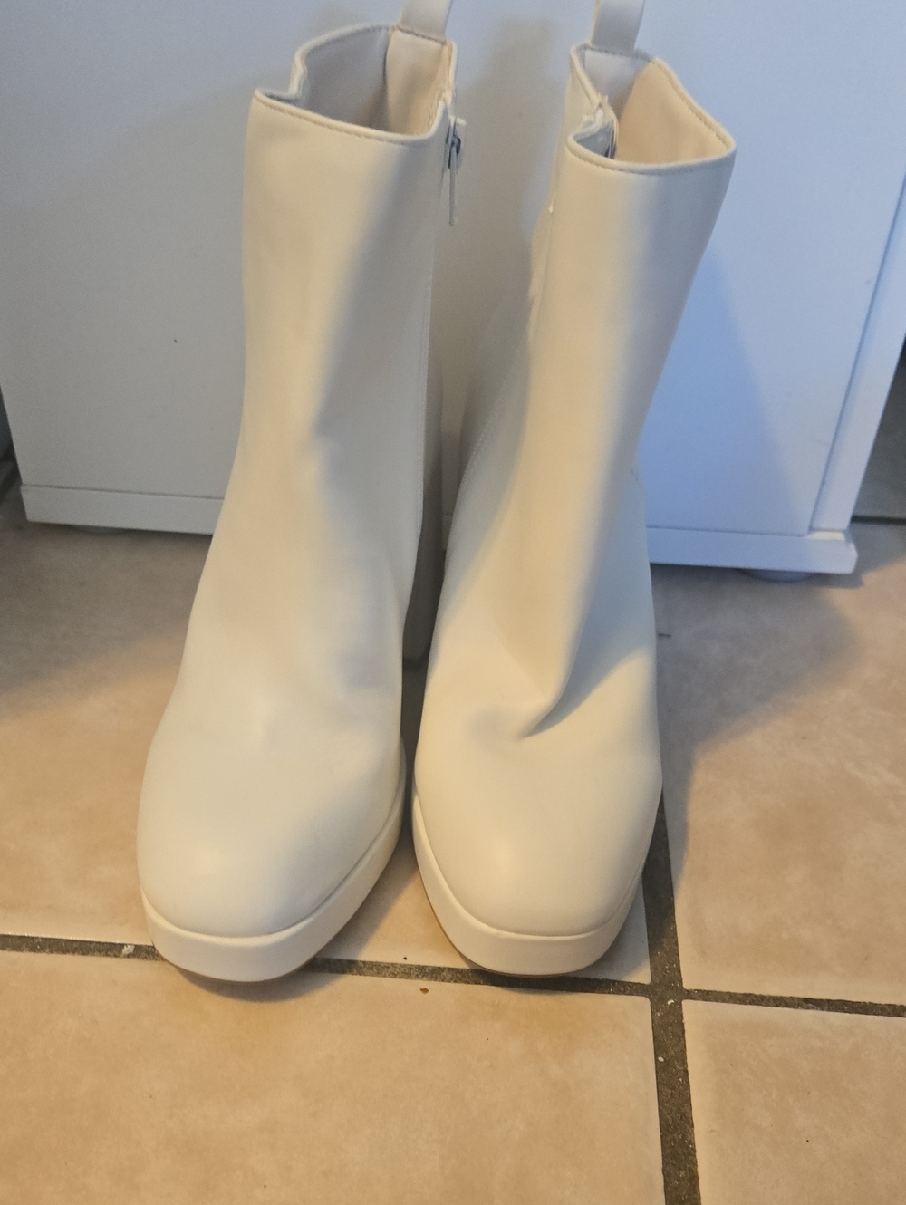 Cream Platform Ankle Boots with Side Zip
